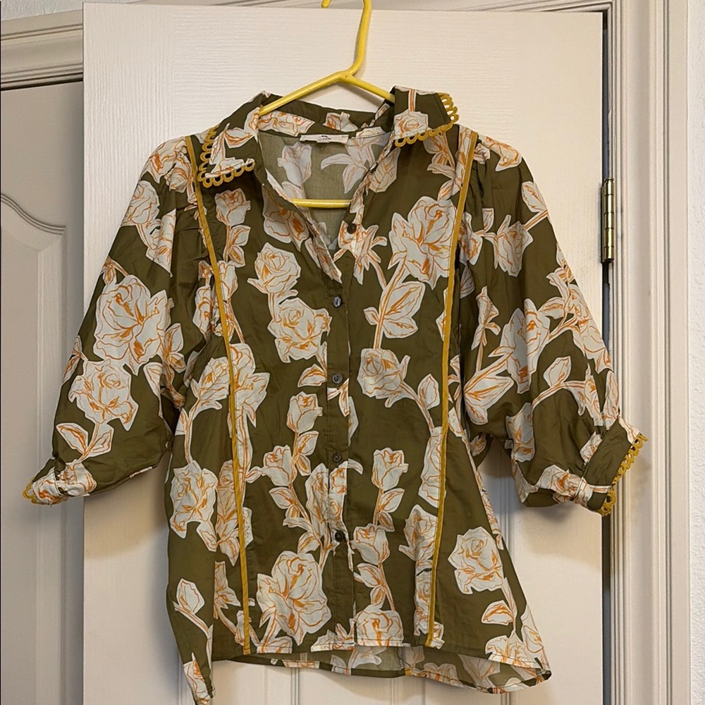 Olive Floral Button-Up Blouse with Trim